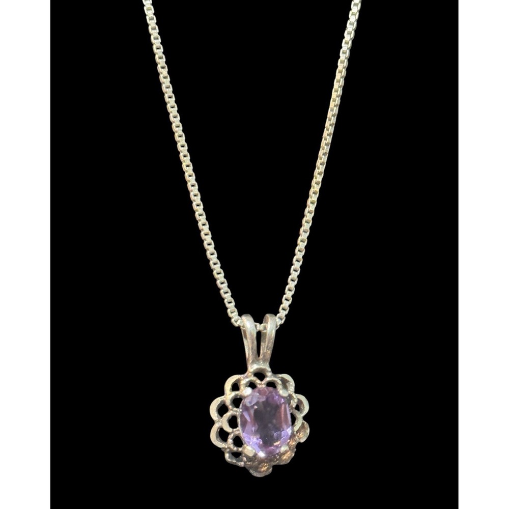Vtg .925 Sterling Silver Deco Box Chain W/Pendant Purple Sapphire Filigree Italy